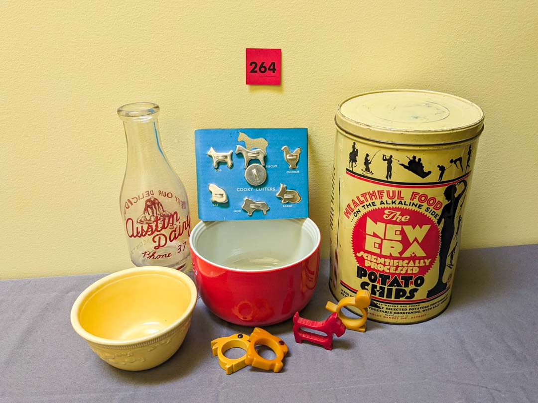 264. Vintage Potato Chip Tin, (2) Bowls, Napkin Rings + Cookie Cutters