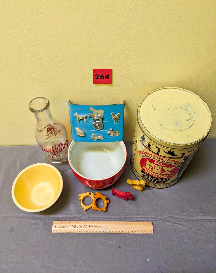 264. Vintage Potato Chip Tin, (2) Bowls, Napkin Rings + Cookie Cutters - Image 3