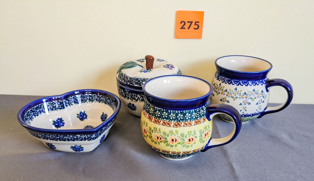 275. Polish Pottery Mugs, Apple Dish + Heart Dish