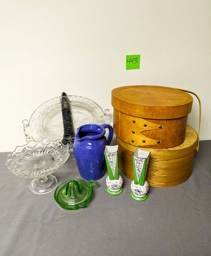 443. (2) Wood Boxes, Compote, (2) Vases + Pitcher