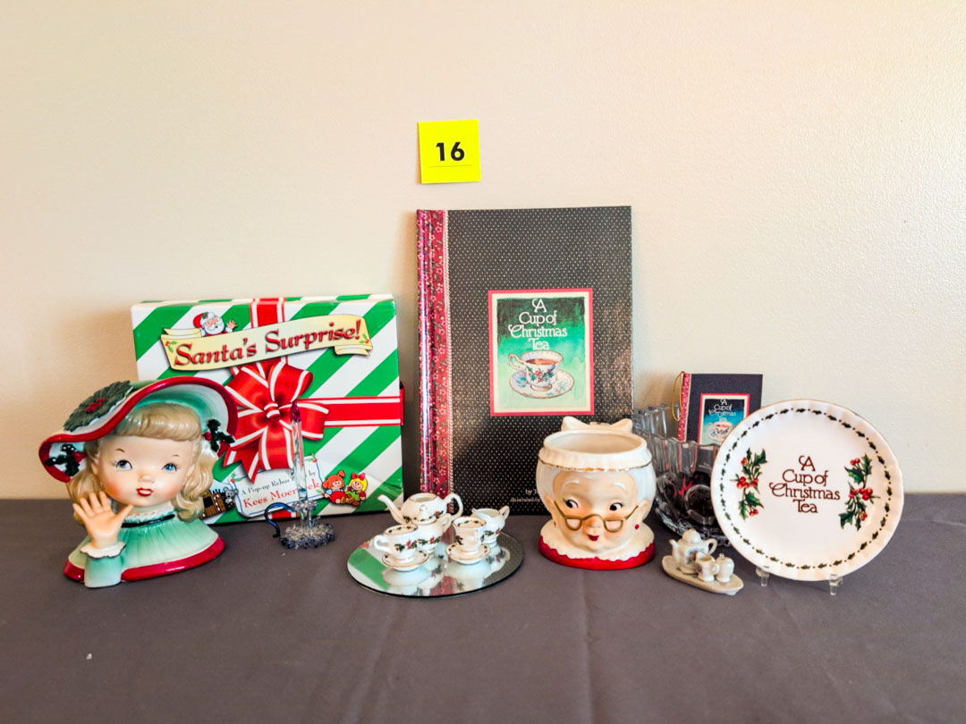 16. Vintage Napco and Lefton Christmas Head Vases, Books, Holiday Items + Decor