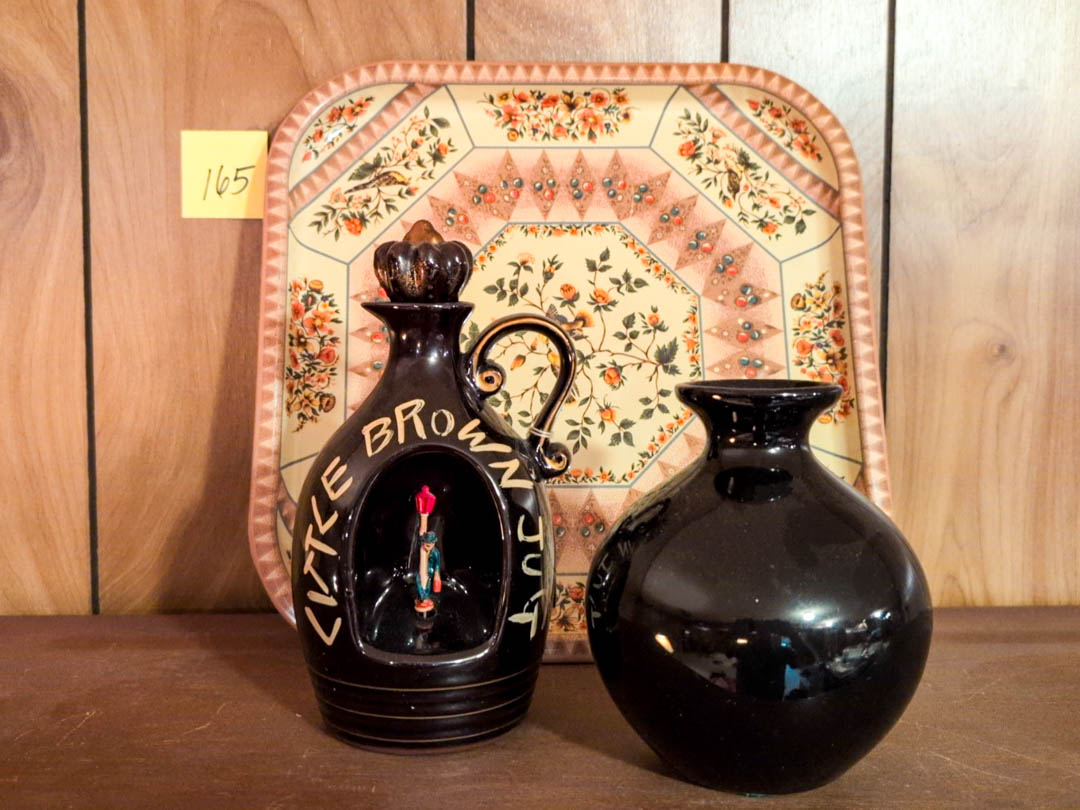 165. Tin Tray, Little Brown Jug Music Box + Haeger Vase