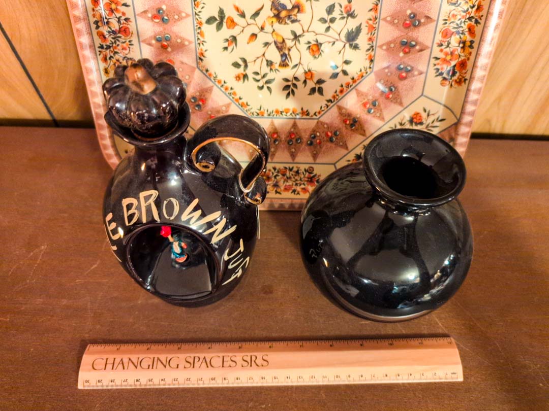 165. Tin Tray, Little Brown Jug Music Box + Haeger Vase - Image 6