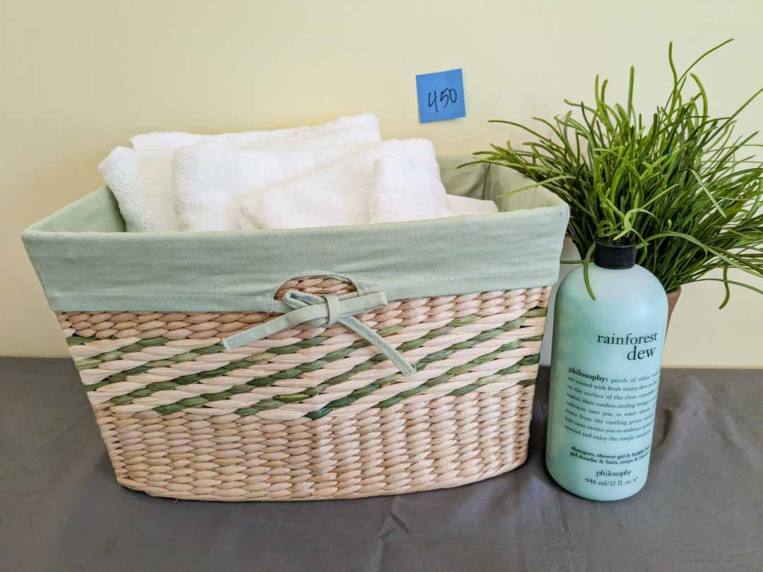 450. (NEW) Towels, Basket, Faux Plant + Bath Gel