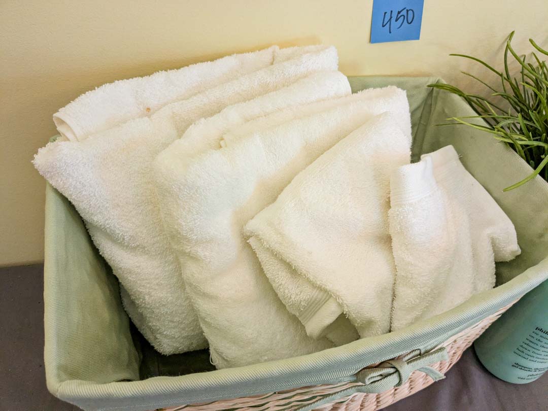 450. (NEW) Towels, Basket, Faux Plant + Bath Gel - Image 3