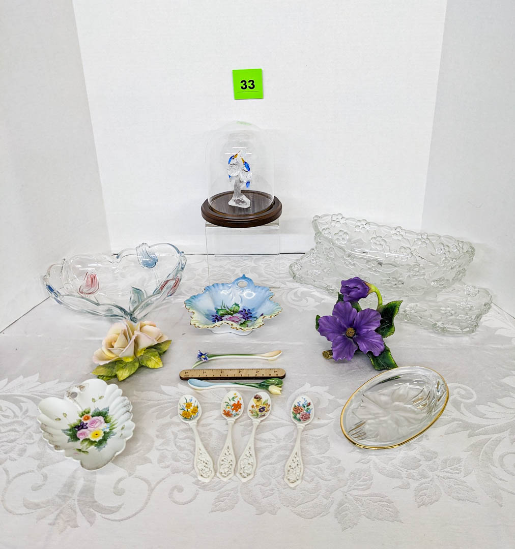 33. Floral Glassware + (2) Capodimonte Porcelain Flowers + (4) Avon Porcelain Spoons + (2) Unmarked Ceramic Spoons + 7" Crystal Bird