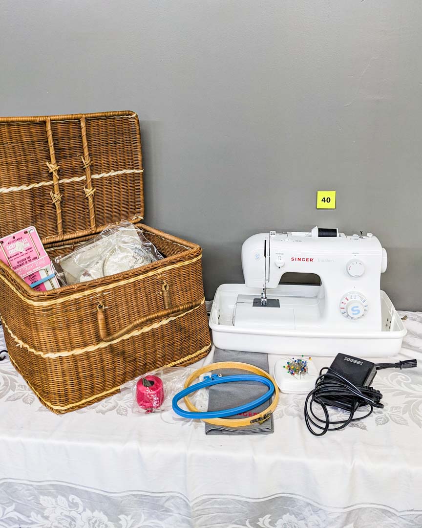 40. Singer Tradition Sewing Machine + Wicker Sewing Basket + Needlework Supplies