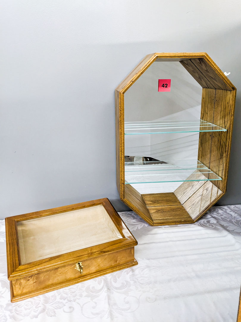 42. Locking Tabletop Display Case + Mirrored Wall Shelf