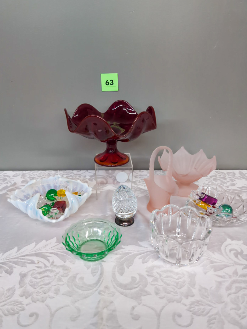 63. 9" Red Glass Pedestal Bowl + French Glass Egg on Stand + (2) Satin Glass Pieces