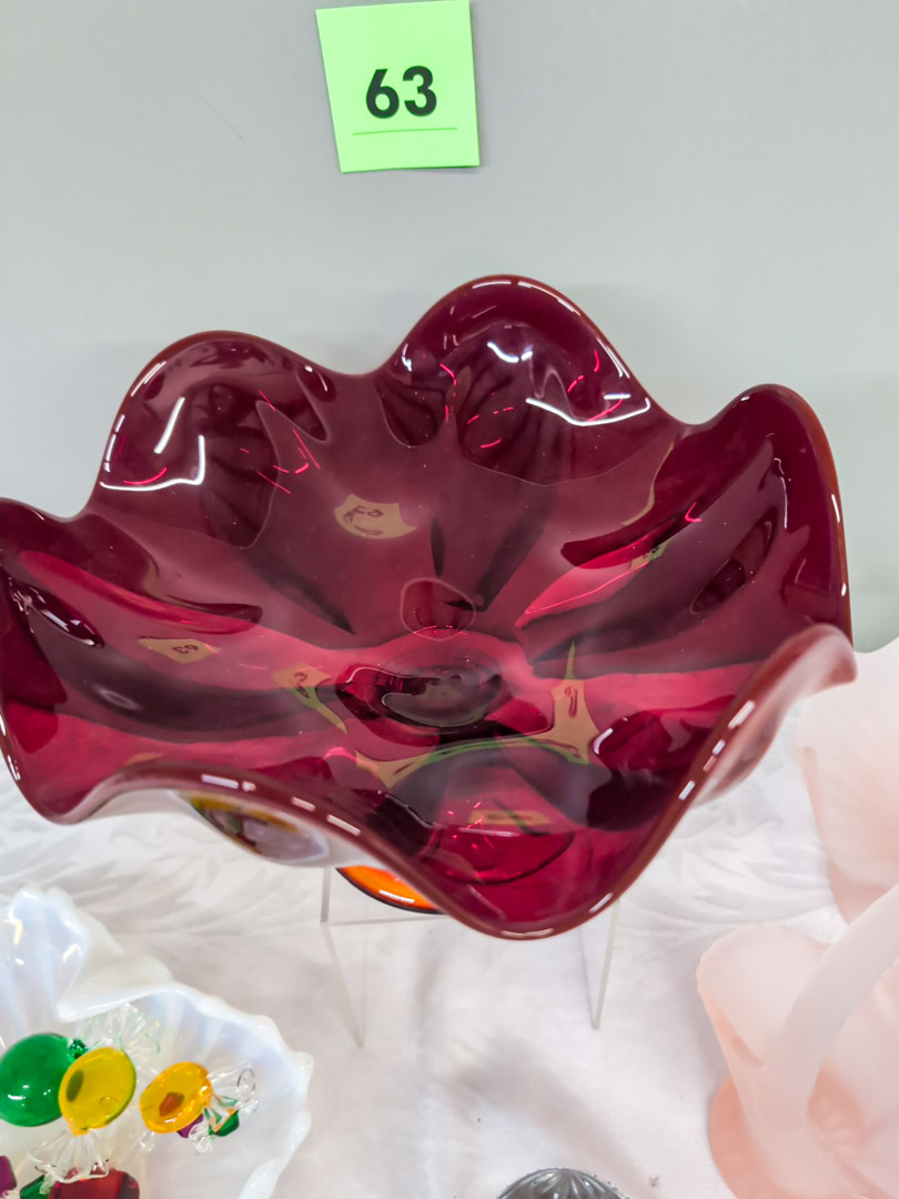 63. 9" Red Glass Pedestal Bowl + French Glass Egg on Stand + (2) Satin Glass Pieces - Image 2