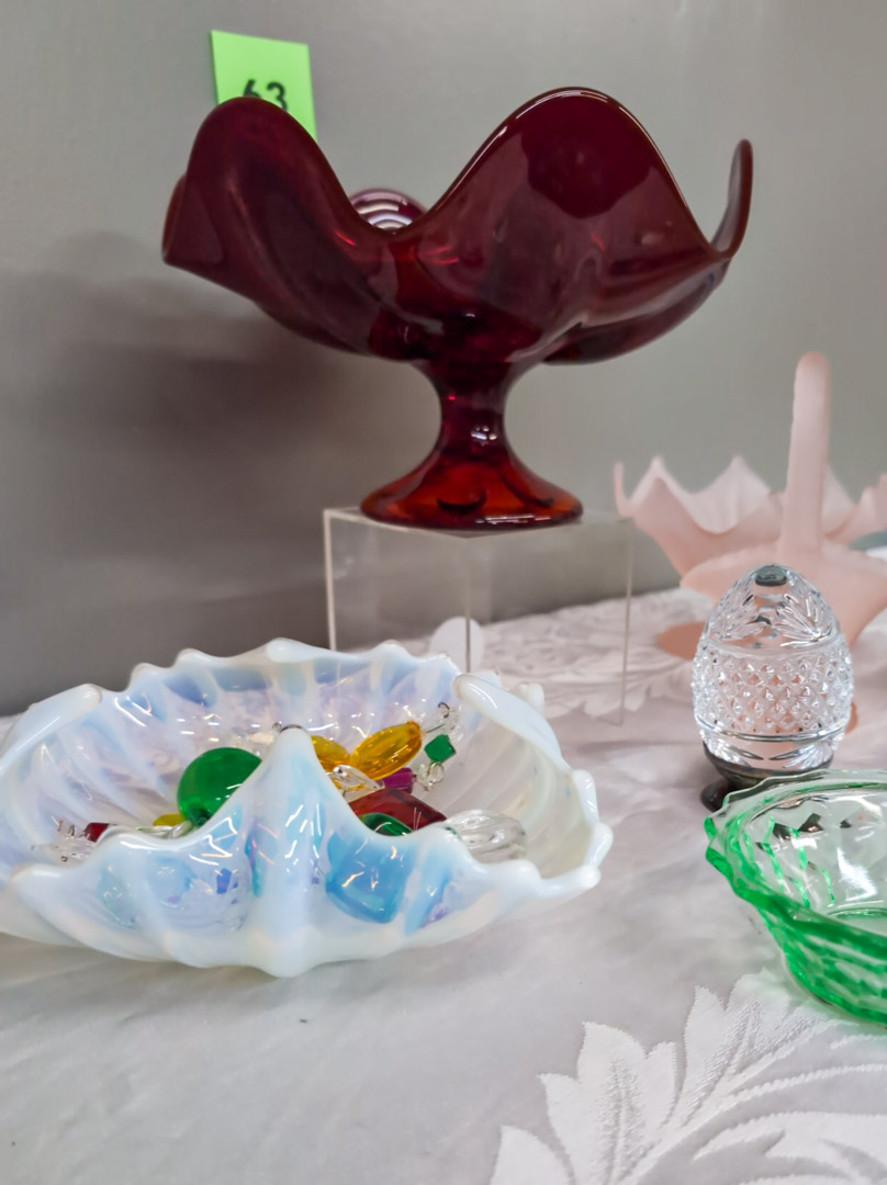 63. 9" Red Glass Pedestal Bowl + French Glass Egg on Stand + (2) Satin Glass Pieces - Image 3