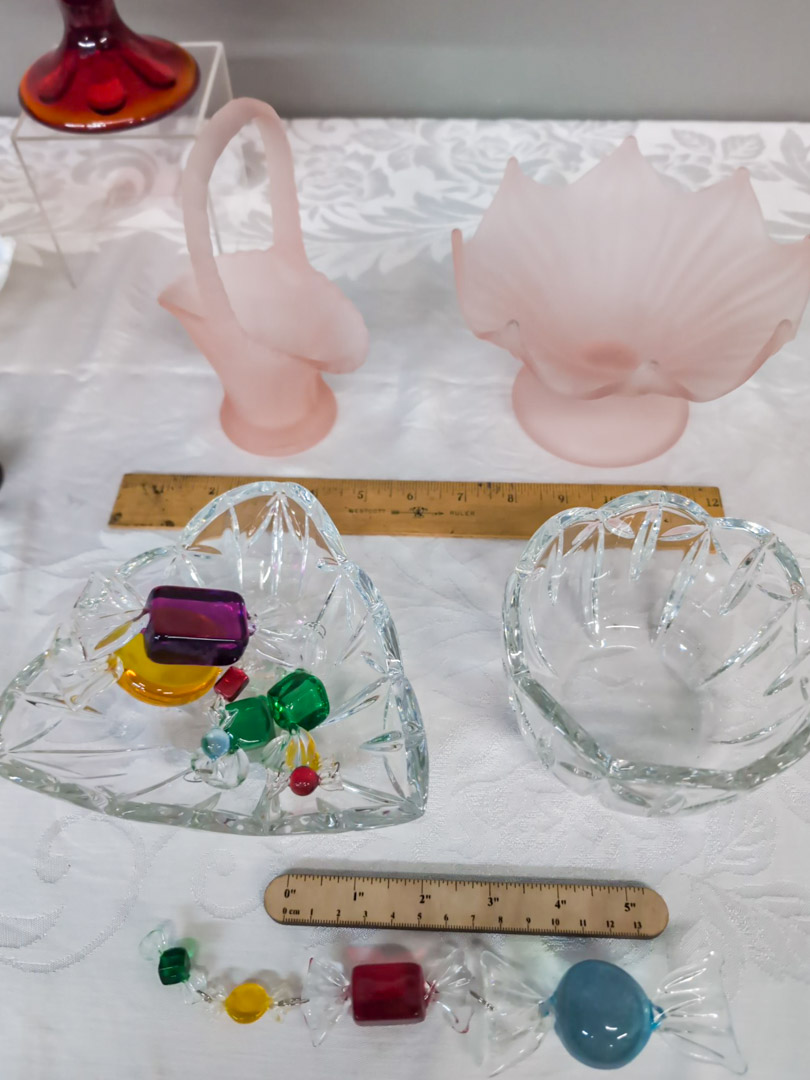 63. 9" Red Glass Pedestal Bowl + French Glass Egg on Stand + (2) Satin Glass Pieces - Image 4