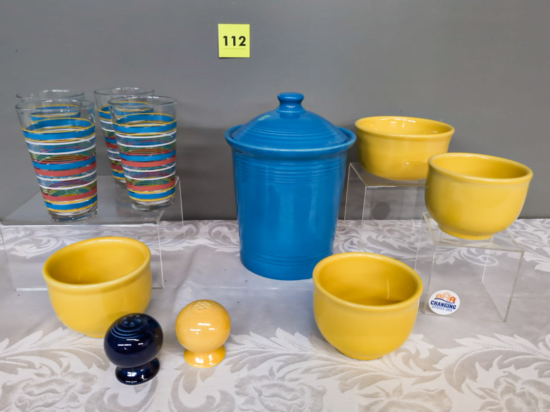 112. Fiesta Cookie Jar, (4) Bowls, (4) Glasses, Salt/Pepper