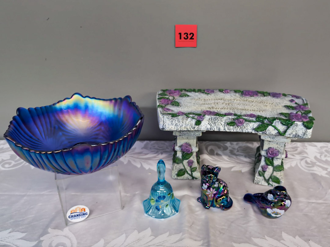 132. Fenton Iridescent Bow, Bell, Bird, Cat, + Garden Bench