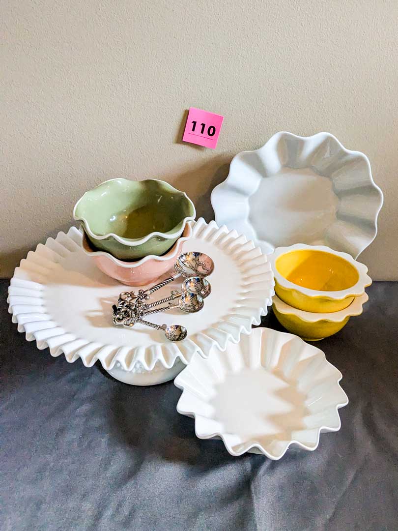 110. Milk Glass Cake Plate, (6) Misc. Bowls + Measuring Spoon Set