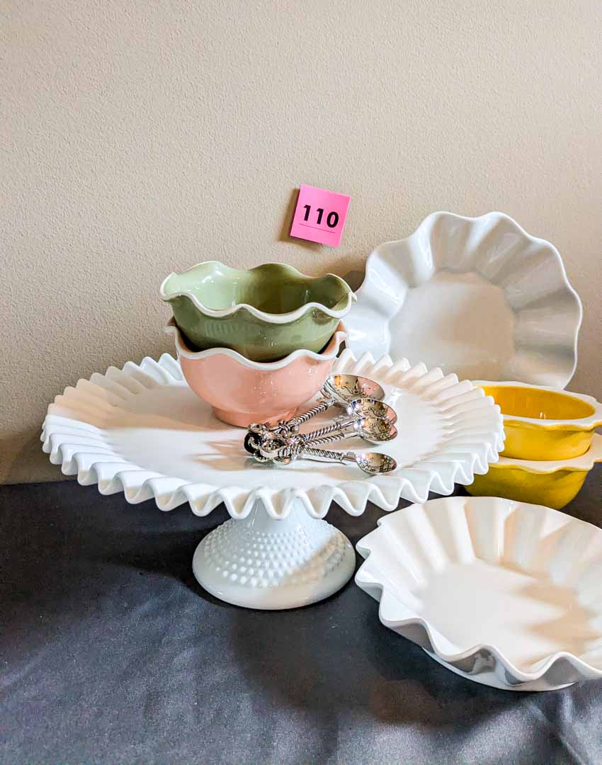 110. Milk Glass Cake Plate, (6) Misc. Bowls + Measuring Spoon Set - Image 2