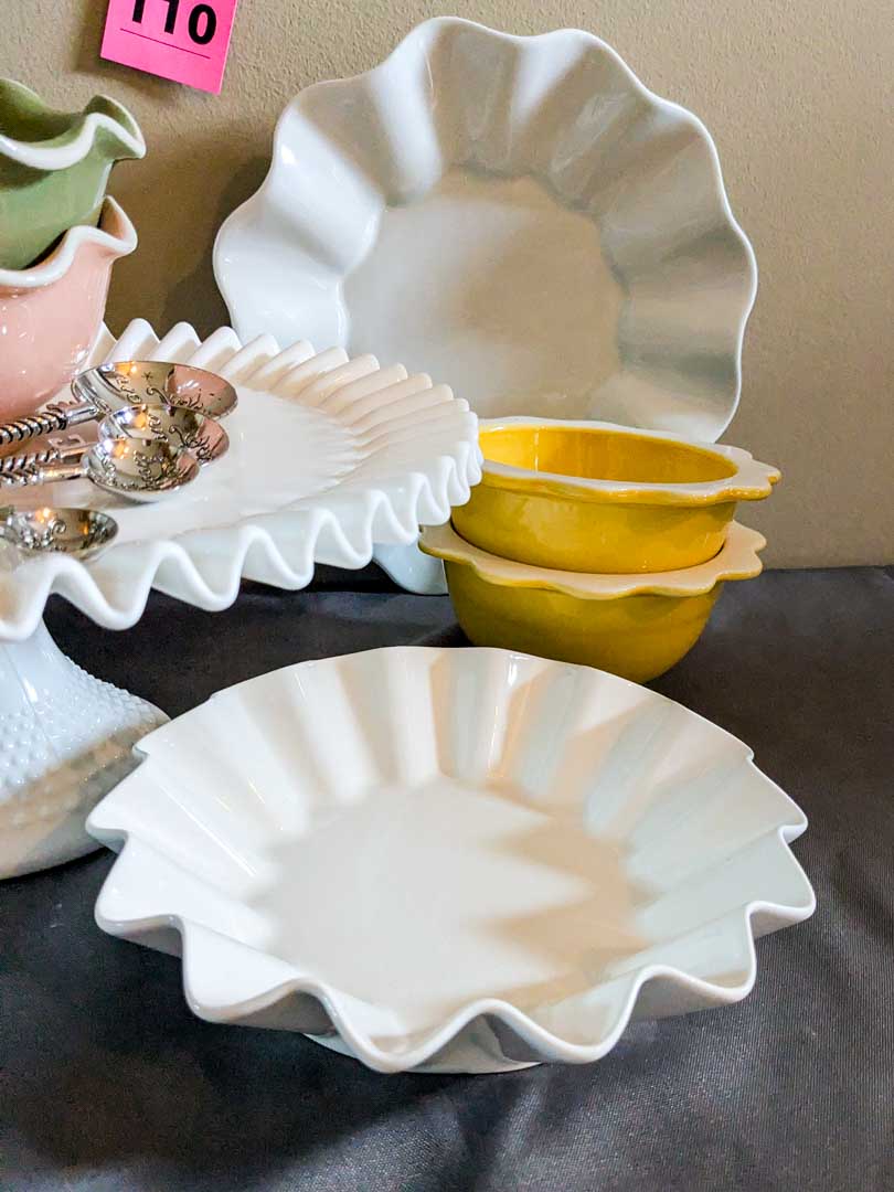 110. Milk Glass Cake Plate, (6) Misc. Bowls + Measuring Spoon Set - Image 7