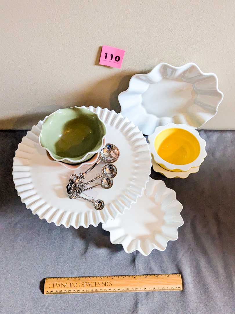 110. Milk Glass Cake Plate, (6) Misc. Bowls + Measuring Spoon Set - Image 3
