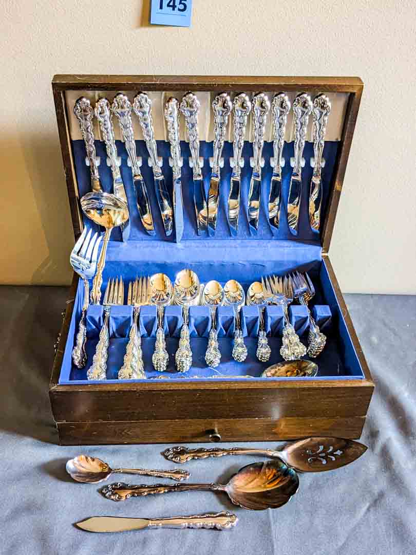 145. Community Flatware -(12) Dinner Forks, (11) lg.Spoons, (12) Salad Forks, (12) Knives + (8) Serving Utensils