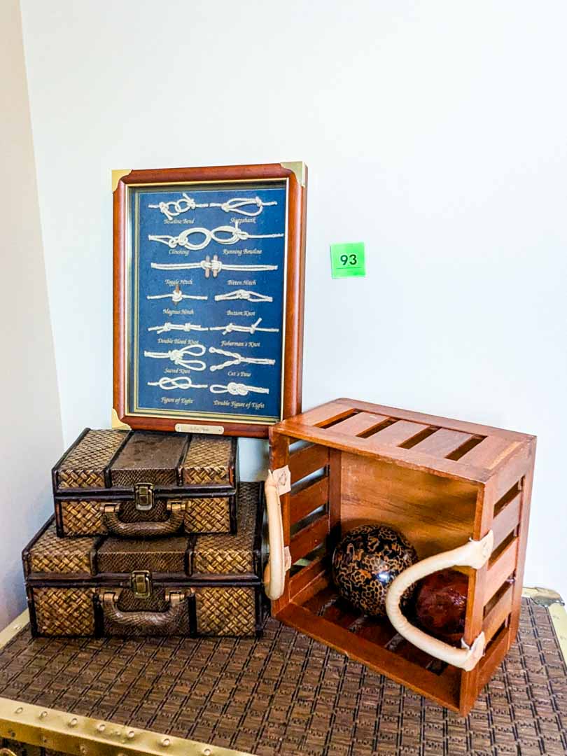 93. Wood Basket, Knot Decor, (2) Small Trunks, Bowl + Filler