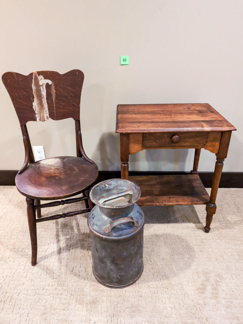 55. Side Table, Chair, Milk Can