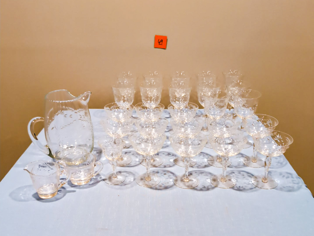 69. Etched Glassware - (12) Wine Glasses, (12) Champagne Glasses, Cream/Sugar, Pitcher