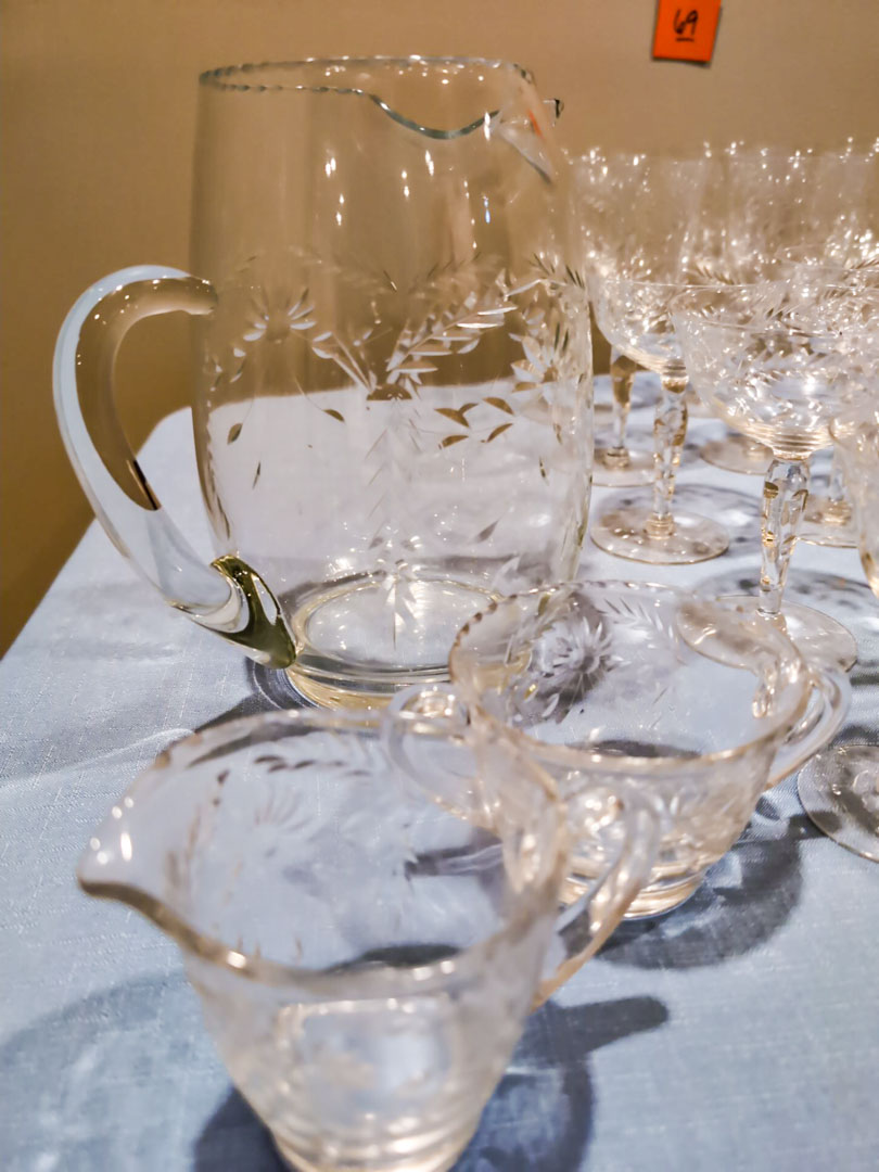 69. Etched Glassware - (12) Wine Glasses, (12) Champagne Glasses, Cream/Sugar, Pitcher - Image 2