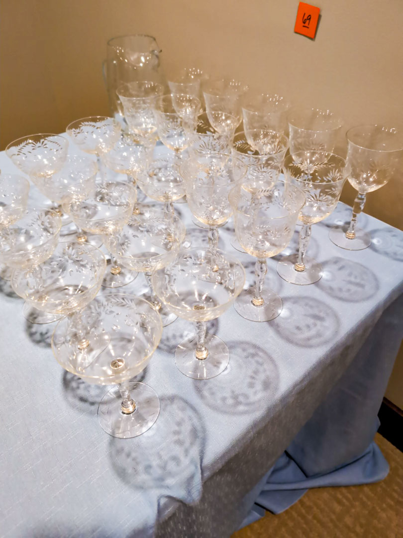 69. Etched Glassware - (12) Wine Glasses, (12) Champagne Glasses, Cream/Sugar, Pitcher - Image 4