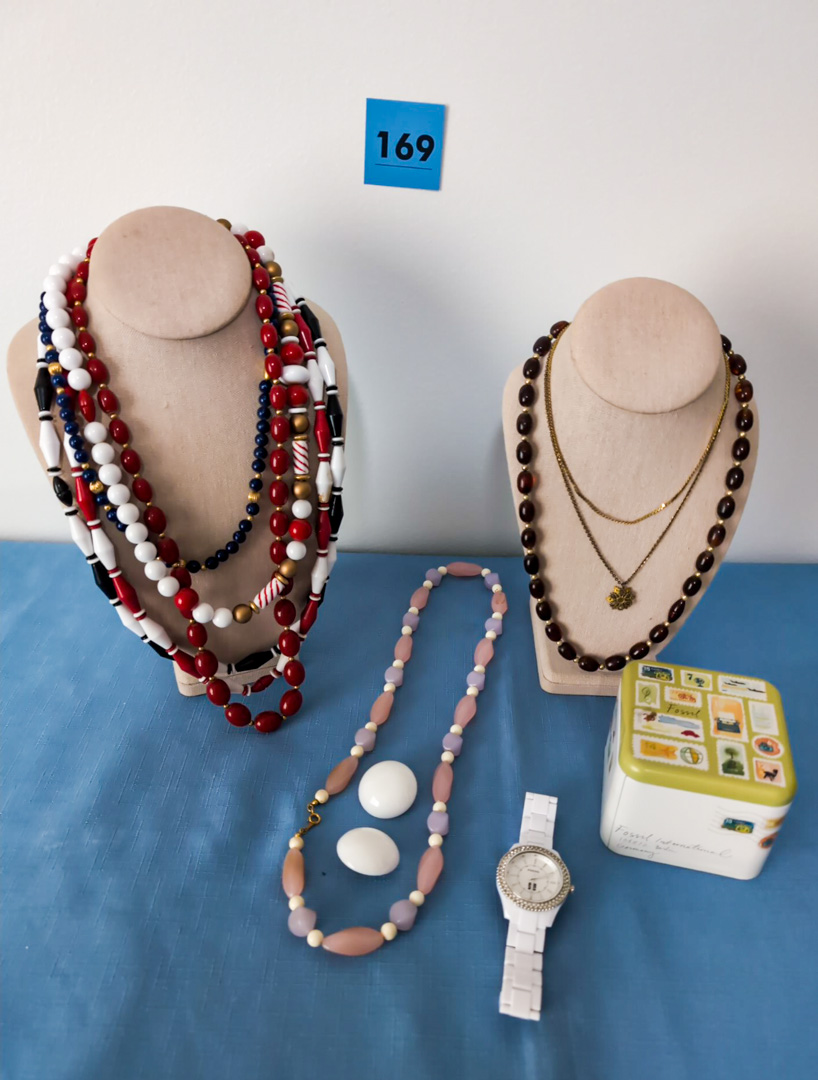 169. (9) Fashion Jewelry Necklaces, (2) Earrings, Fossil Watch