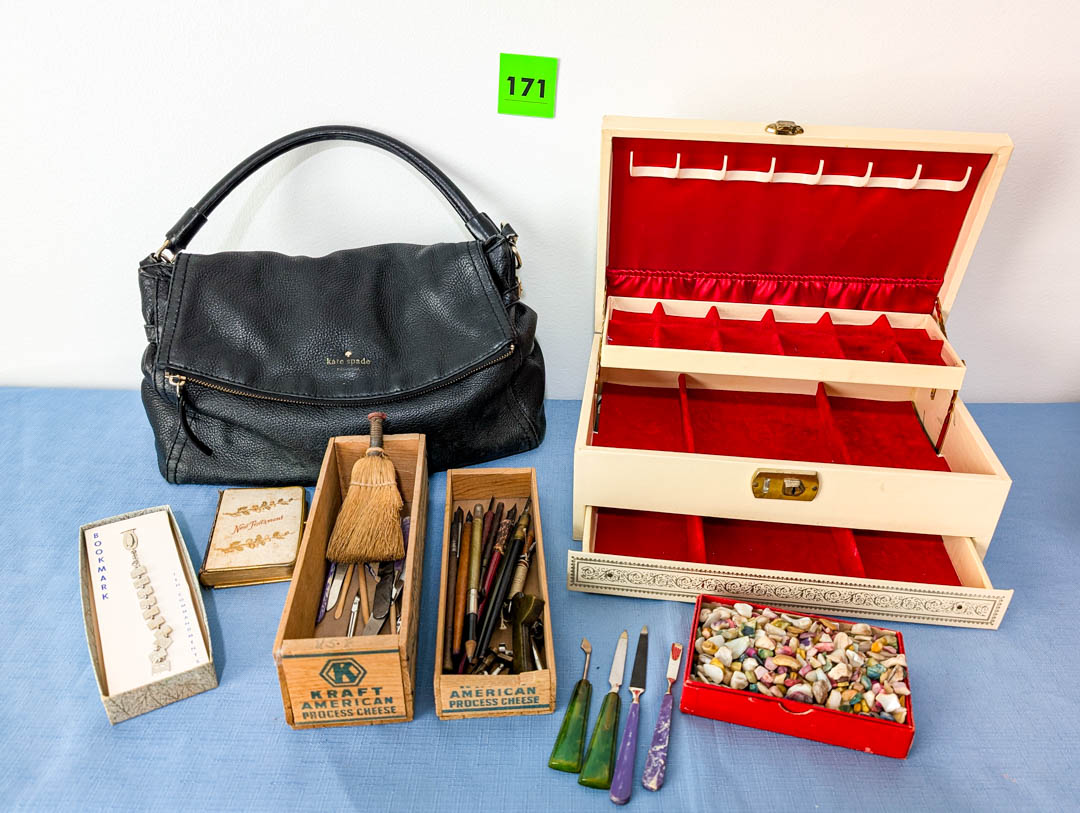 171. Kate Spade Purse, Jewelry Box, Nail Care, Fountain Pins, Stones, & Religious